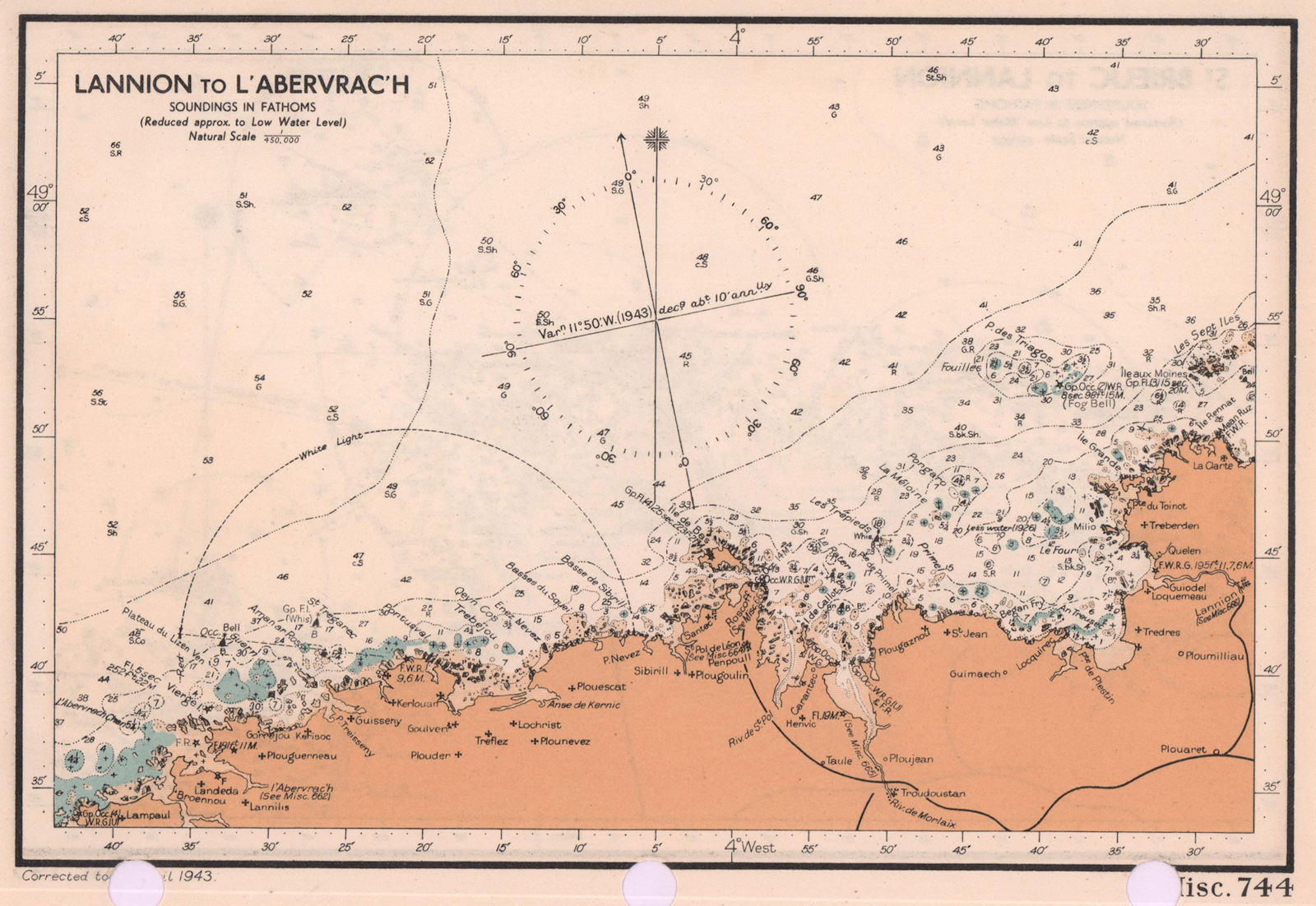 Associate Product Lannion - L'Abervrac'h sea coast chart. Finistère. ADMIRALTY 1943 old map