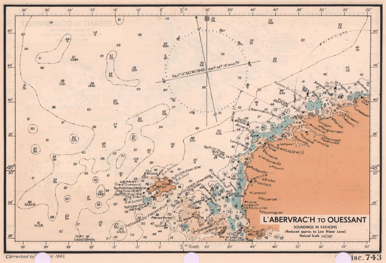 L'Abervrac'h - Ouessant sea coast chart. Finistère. ADMIRALTY 1943 old map