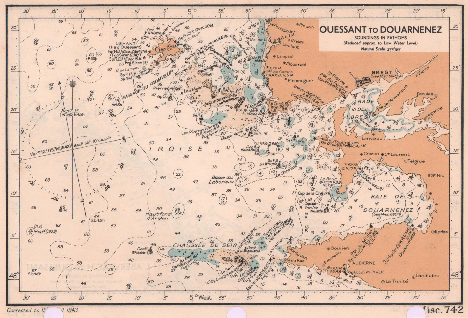 Ouessant - Douarnenez sea coast chart. Finistère. ADMIRALTY 1943 old map
