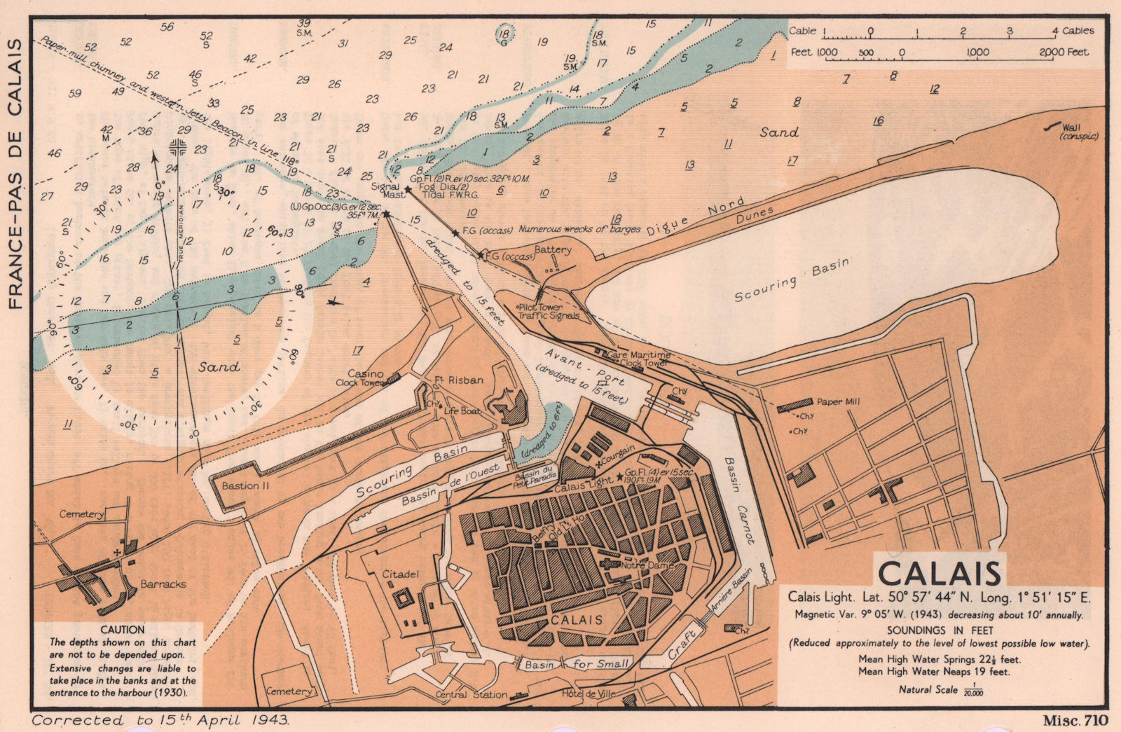 Associate Product Calais town plan & sea coast chart. D-Day planning map. ADMIRALTY 1943 old