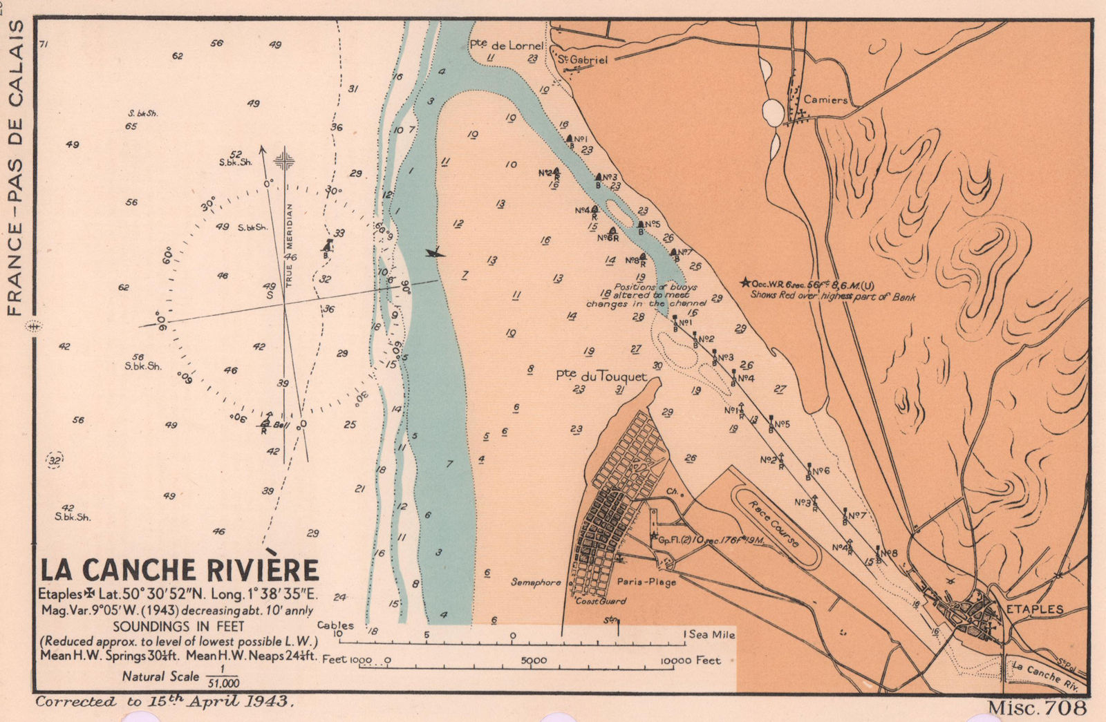 La Canche Rivière Étaples plan/sea coast chart D-Day planning map ADMIRALTY 1943