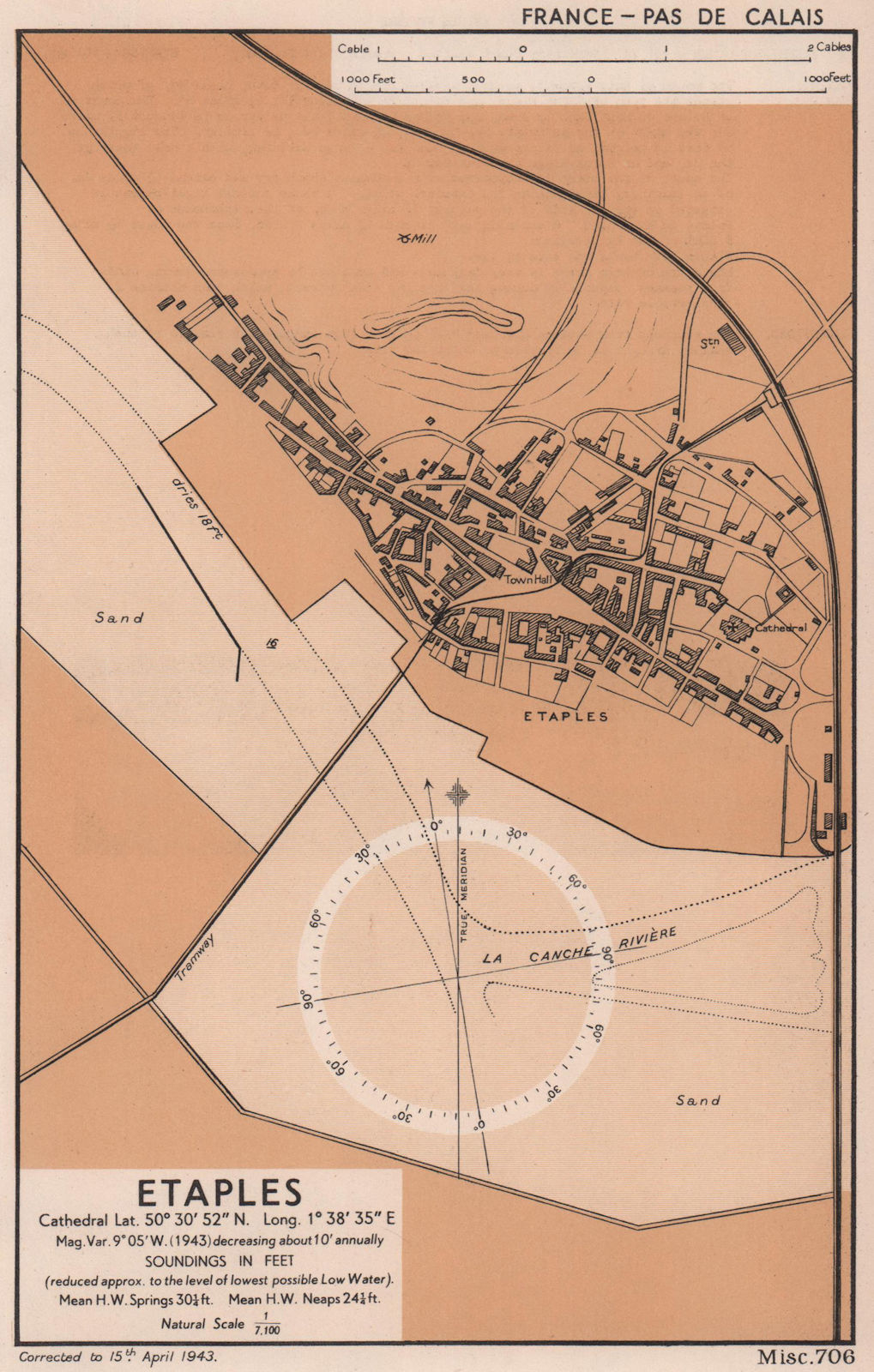 Étaples town plan & sea coast chart. D-Day planning map. ADMIRALTY 1943