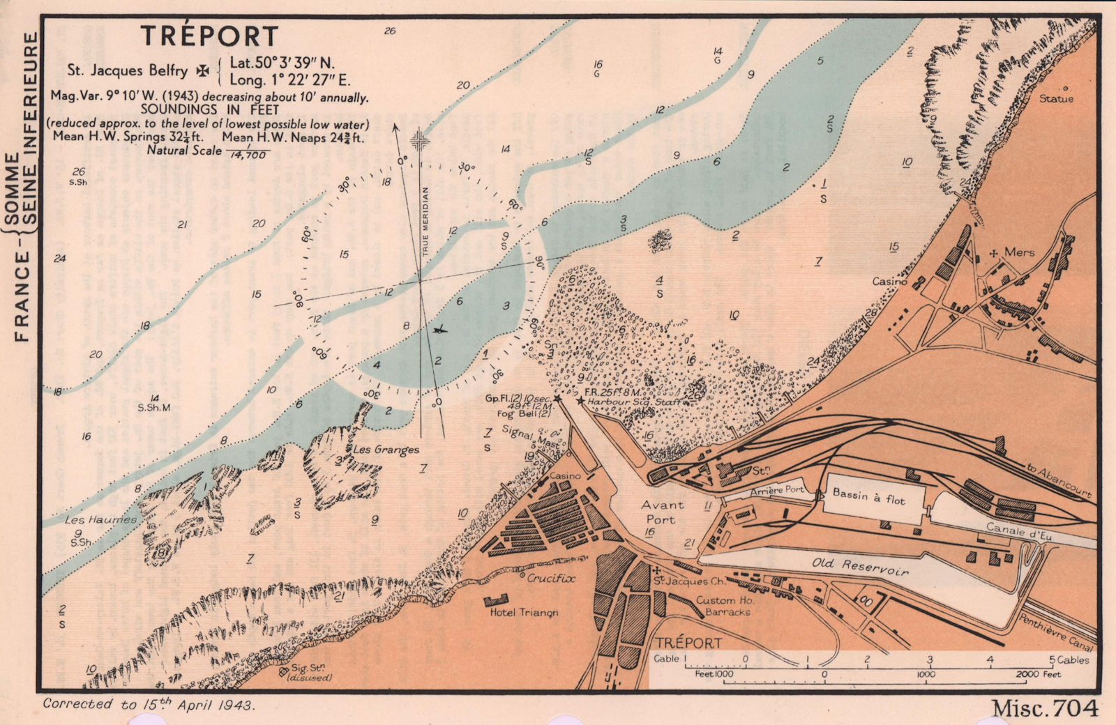 Tréport town plan & sea coast chart. D-Day planning map. ADMIRALTY 1943