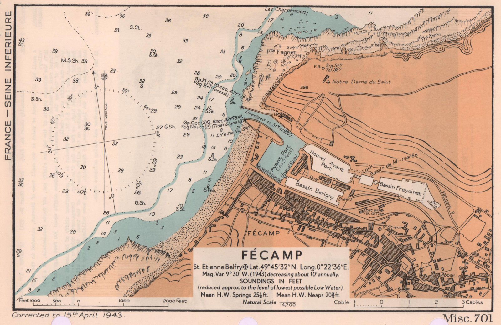 Associate Product Fécamp town plan & sea coast chart. D-Day planning map. ADMIRALTY 1943 old