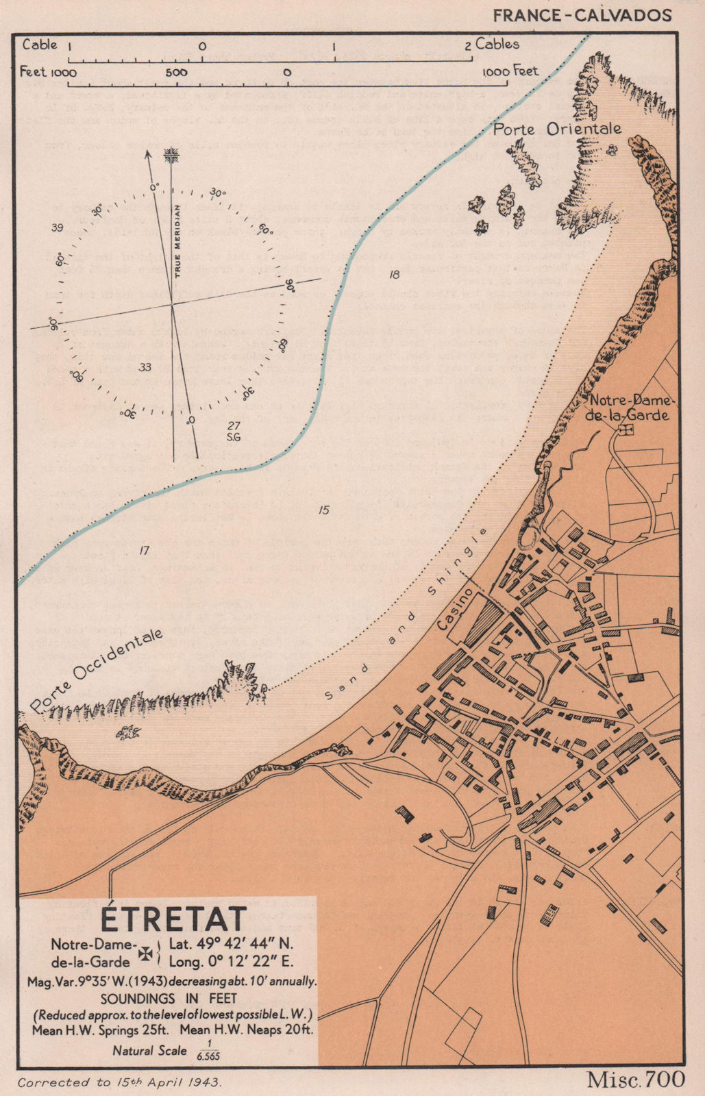 Étretat town plan & sea coast chart. D-Day planning map. ADMIRALTY 1943