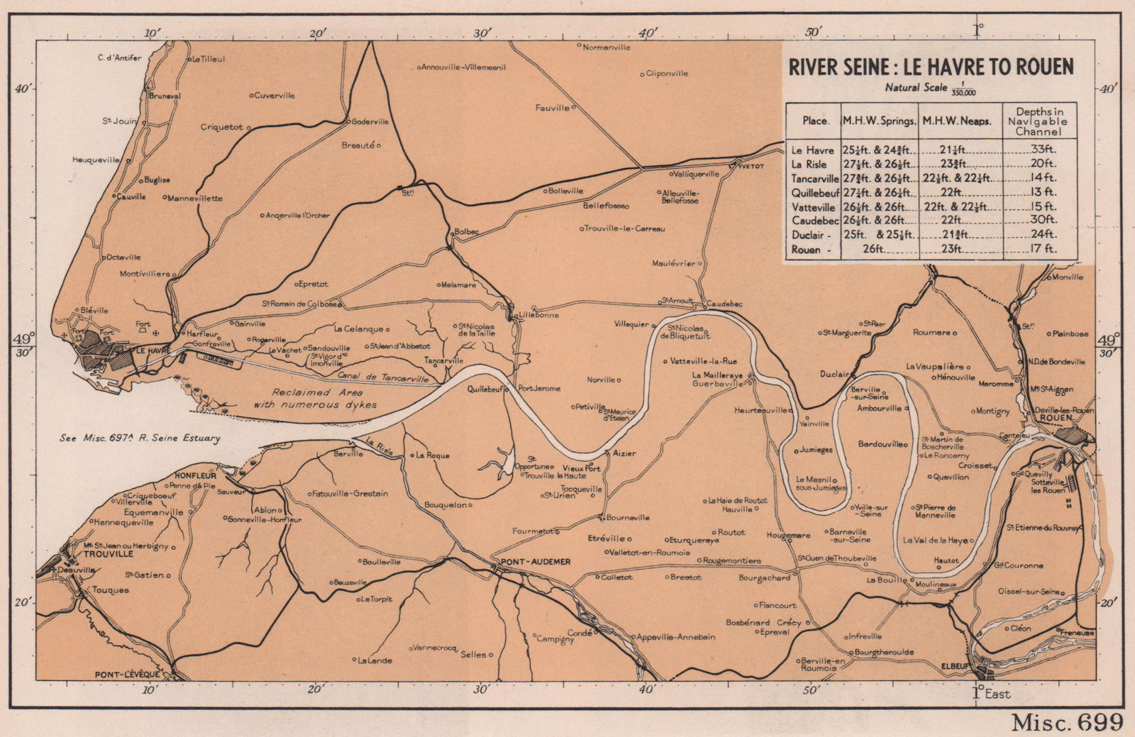 River Seine coast chart. Le Havre to Rouen. D-Day planning map. ADMIRALTY 1943