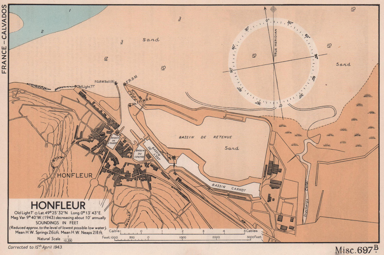 Associate Product Honfleur town plan & sea coast chart. D-Day planning map. ADMIRALTY 1943