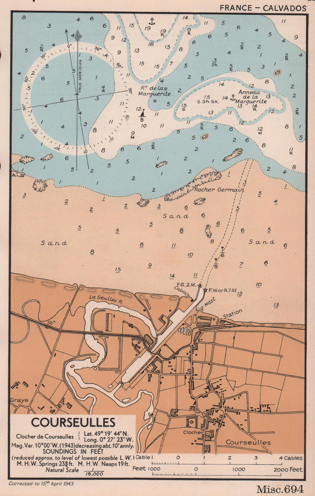 Associate Product Courseulles plan/sea coast chart. D-Day planning map. Juno beach. ADMIRALTY 1943