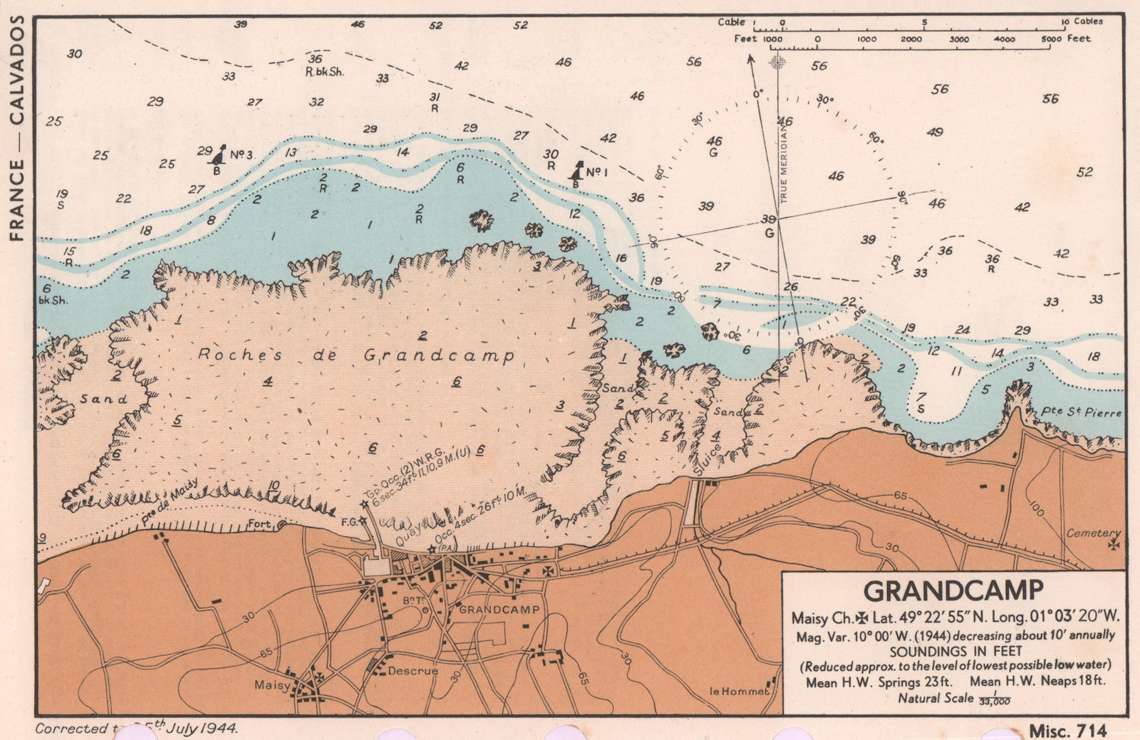 Grandcamp. Maisy town plan & sea coast chart. D-Day planning map. ADMIRALTY 1944