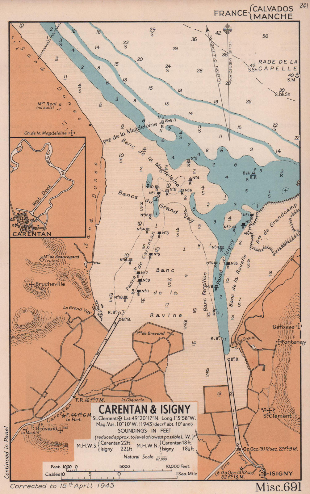 Carentan & Isigny sea coast chart D-Day planning map. Utah beach. ADMIRALTY 1943