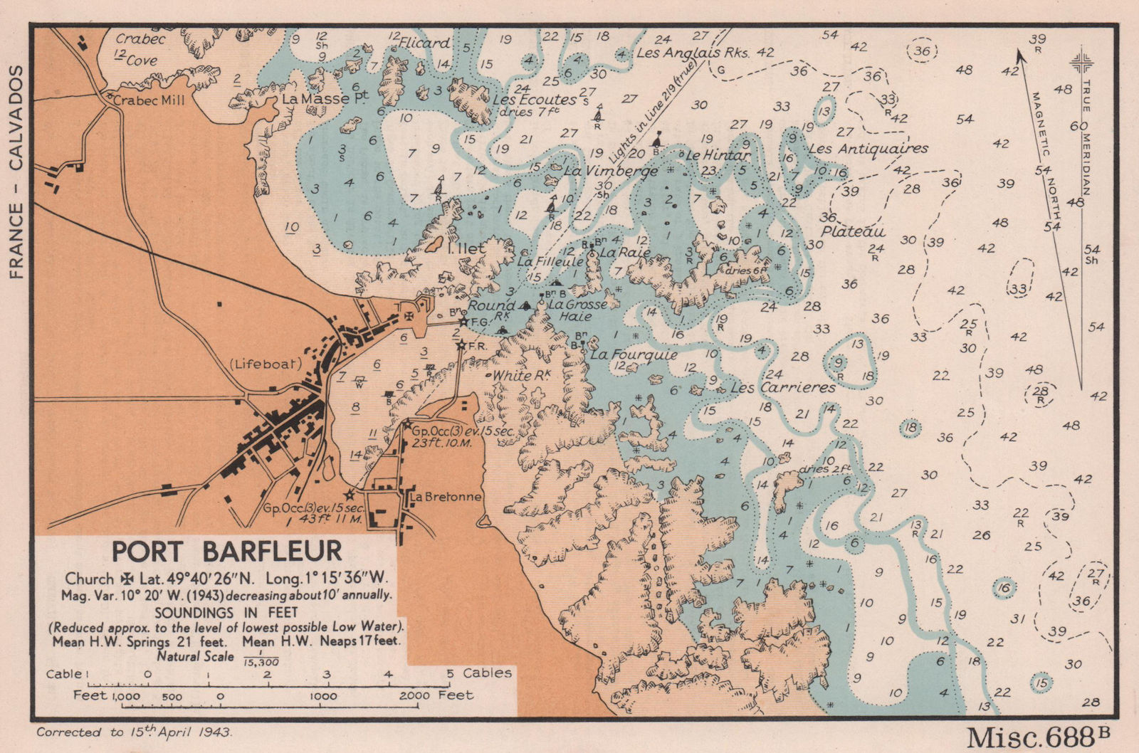 Port Barfleur sea coast chart. D-Day planning map. Manche. ADMIRALTY 1943