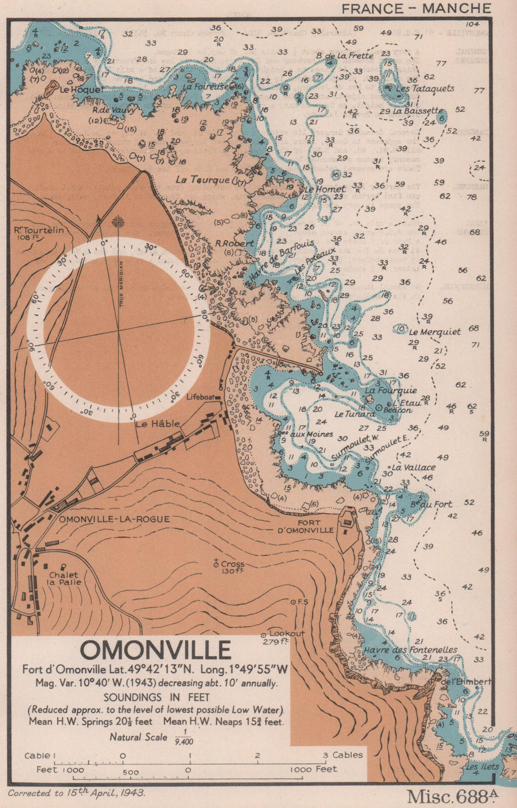 Associate Product Omonville sea coast chart. D-Day planning map. Manche. ADMIRALTY 1943 old
