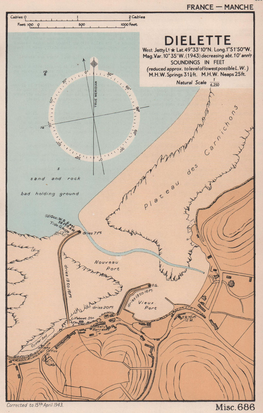 Associate Product Dielette town plan & sea coast chart. D-Day planning map. Manche. ADMIRALTY 1943