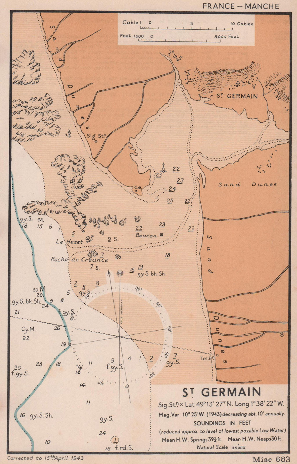 Saint-Germain-sur-Ay sea coast chart. D-Day planning map. Manche. ADMIRALTY 1943