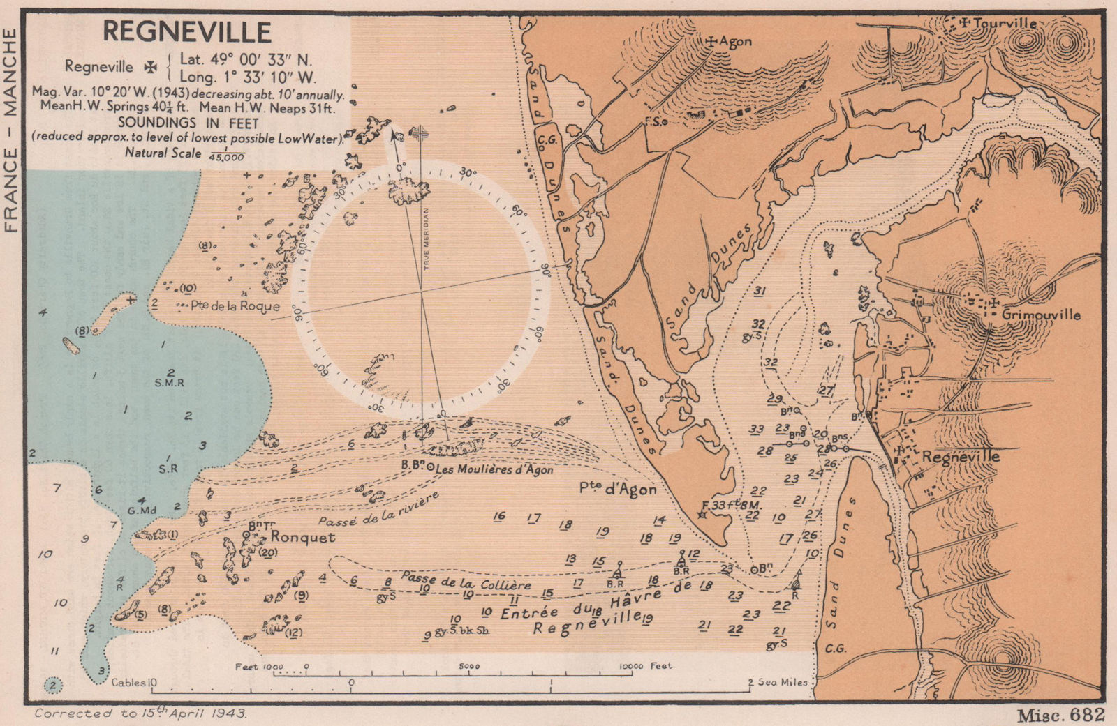 Regnéville-sur-Mer sea coast chart. D-Day planning map. Manche. ADMIRALTY 1943