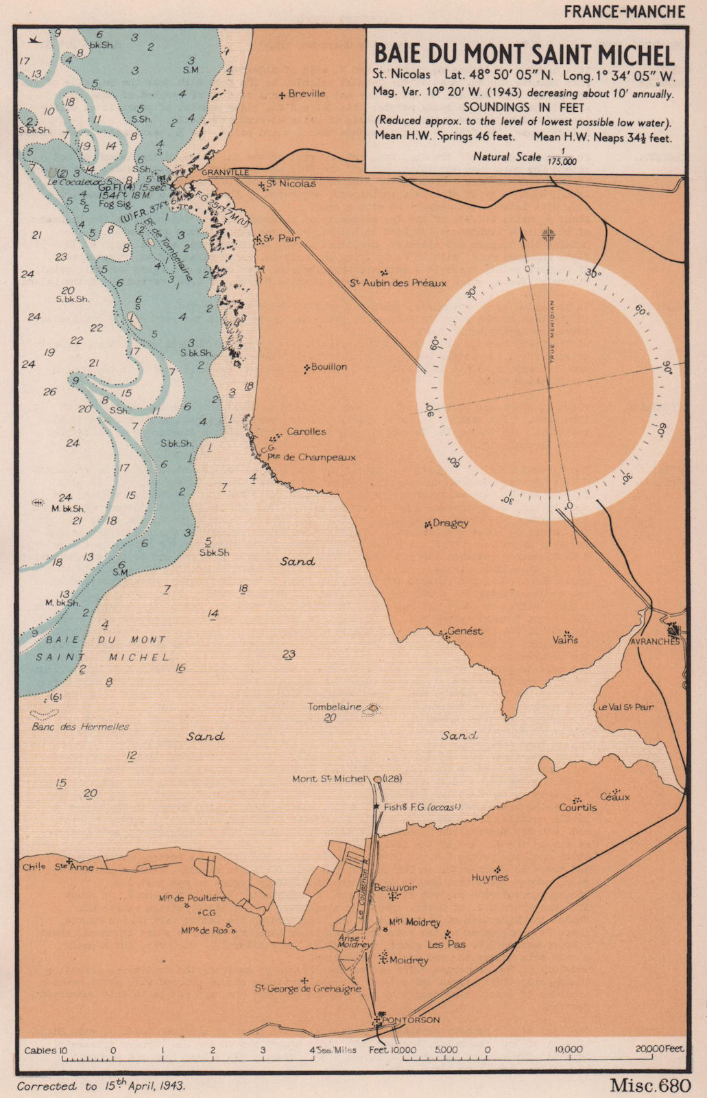Baie du Mont Saint Michel sea coast chart. D-Day planning map. ADMIRALTY 1943