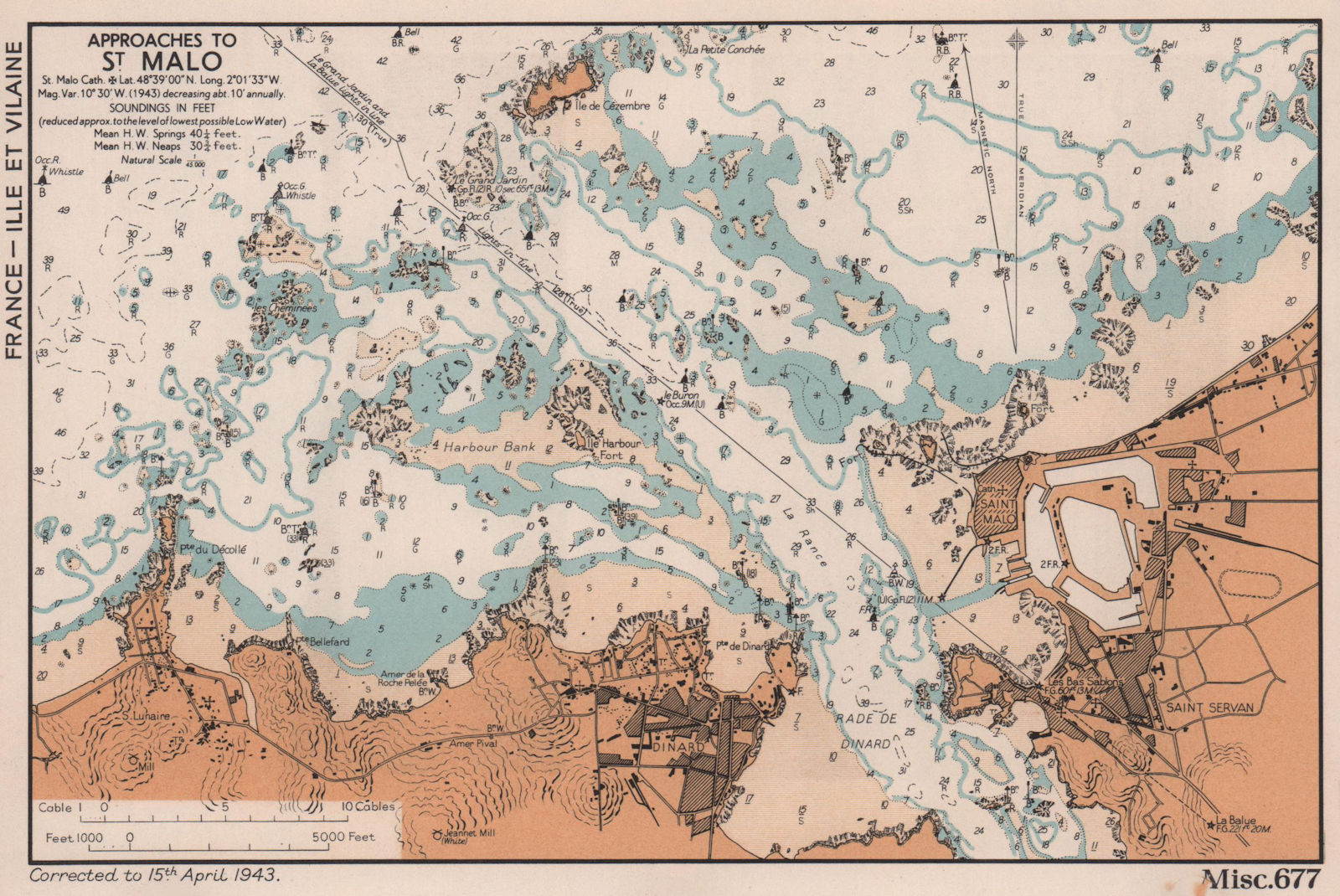 St Malo/Servan Dinard approaches coast chart. D-Day planning map. ADMIRALTY 1943