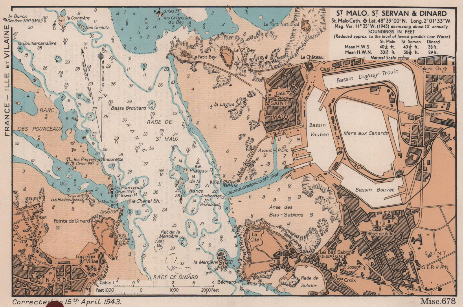 Associate Product Saint-Malo/Servan & Dinard plan/coast chart. D-Day planning map. ADMIRALTY 1943