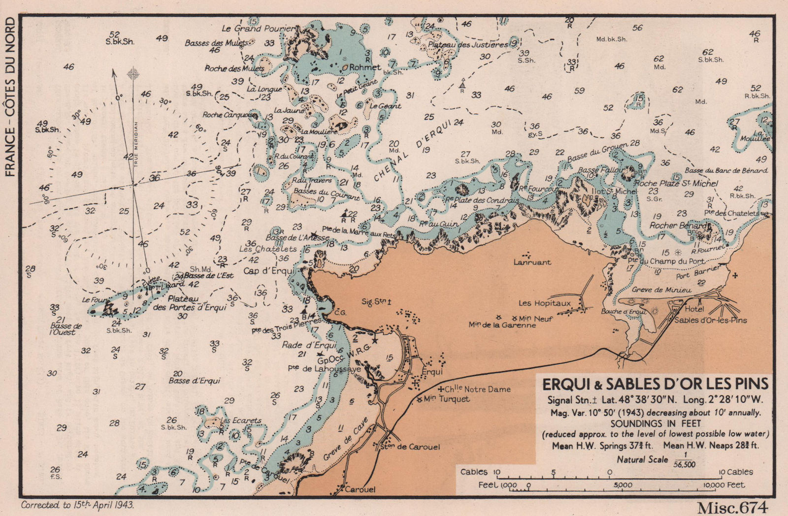Erqui & Sables-d'Or-les-Pins sea coast chart. Côtes-d'Armor. ADMIRALTY 1943 map