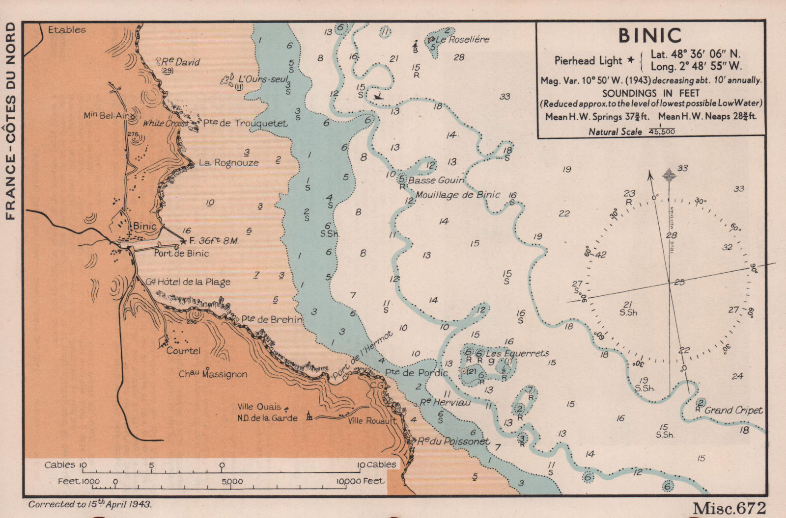 Associate Product Binic sea coast chart. D-Day planning map. Côtes-d'Armor. ADMIRALTY 1943