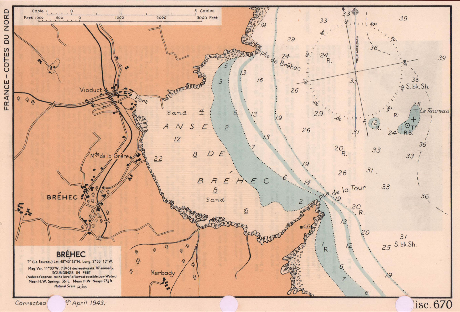 Bréhec sea coast chart. D-Day planning map. Côtes-d'Armor. ADMIRALTY 1943