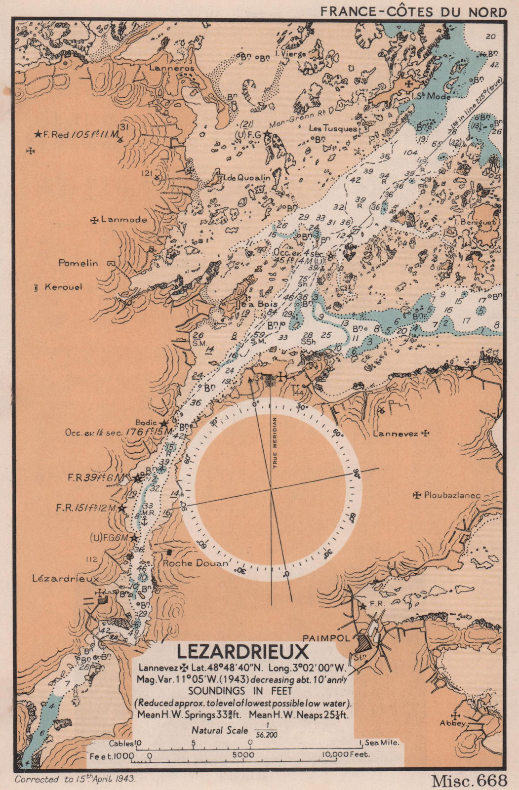 Lezardrieux sea coast chart. D-Day planning map. Côtes-d'Armor. ADMIRALTY 1943
