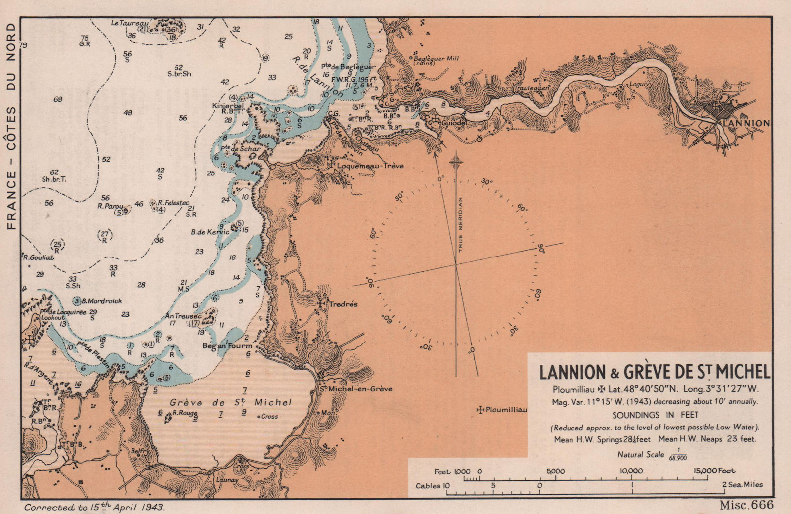 Lannion & Grève de St Michel sea coast chart. Côtes-d'Armor . ADMIRALTY 1943 map