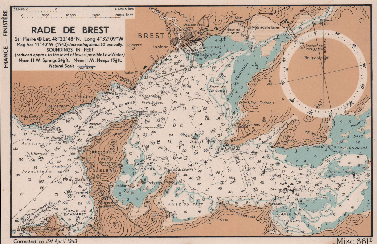 Rade de Brest sea coast chart. D-Day planning map. Finistère. ADMIRALTY 1943
