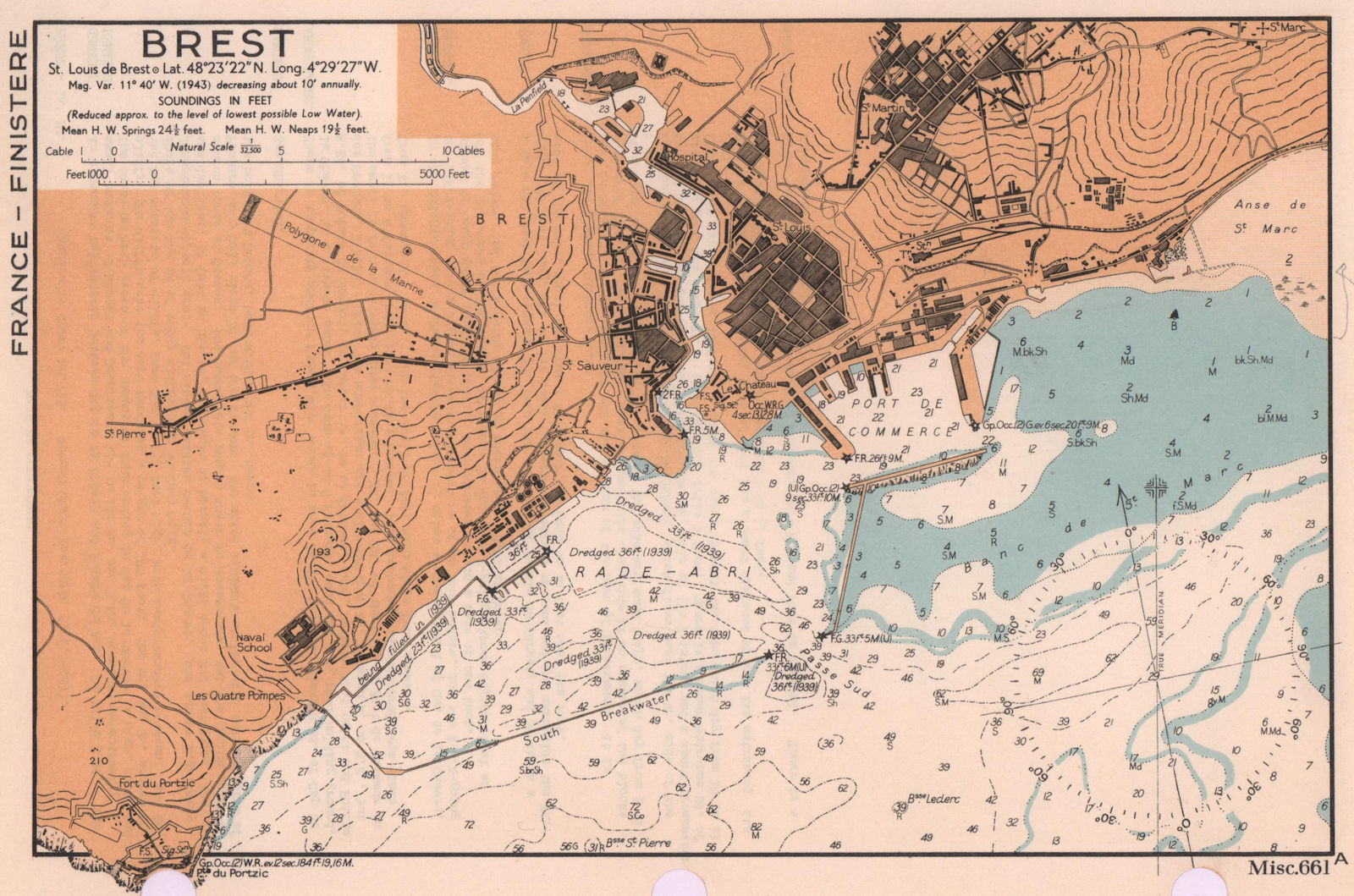 Associate Product Brest town plan & sea coast chart. D-Day planning map. Finistère. ADMIRALTY 1943