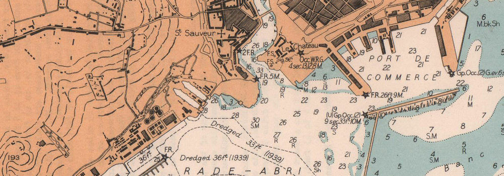 Brest town plan & sea coast chart. D-Day planning map. Finistère