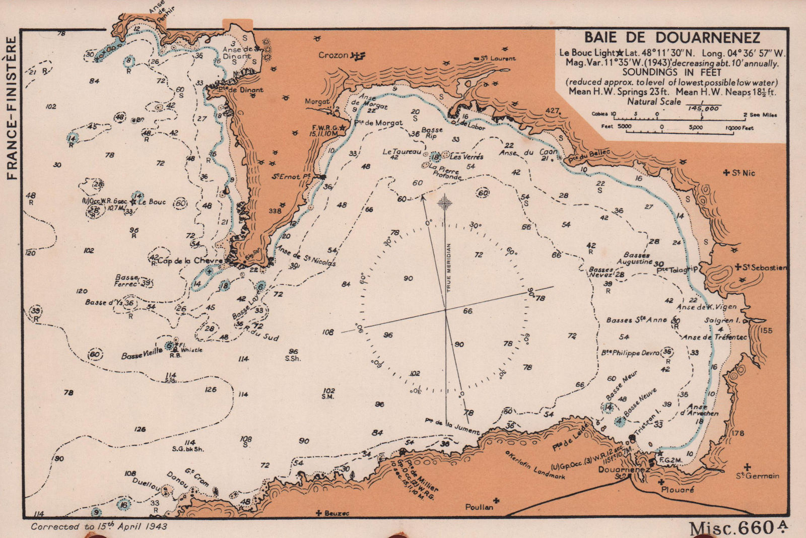 Baie de Douarnenez sea coast chart. D-Day planning map. Finistère ADMIRALTY 1943