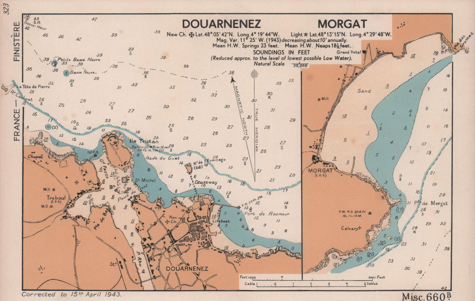 Douarnenez & Morgat town plan & sea coast chart. Finistère. ADMIRALTY 1943 map