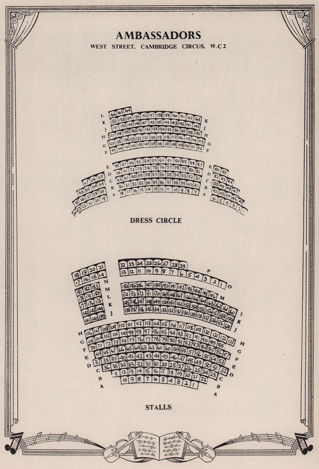 Associate Product Ambassadors Theatre, Charing Cross Road, London. Vintage seating plan 1955