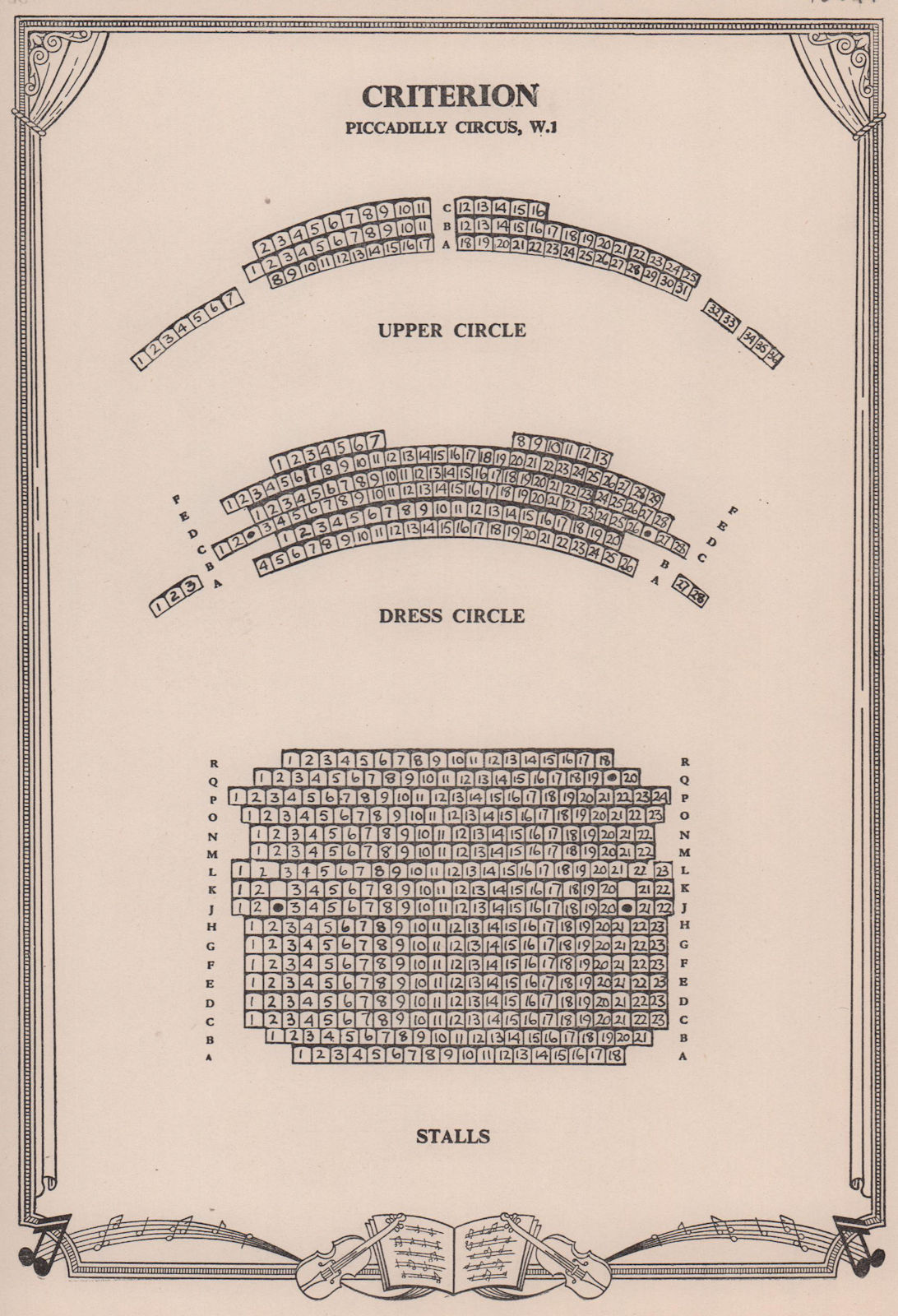 Criterion Theatre, Piccadilly Circus, London. Vintage seating plan 1955 print