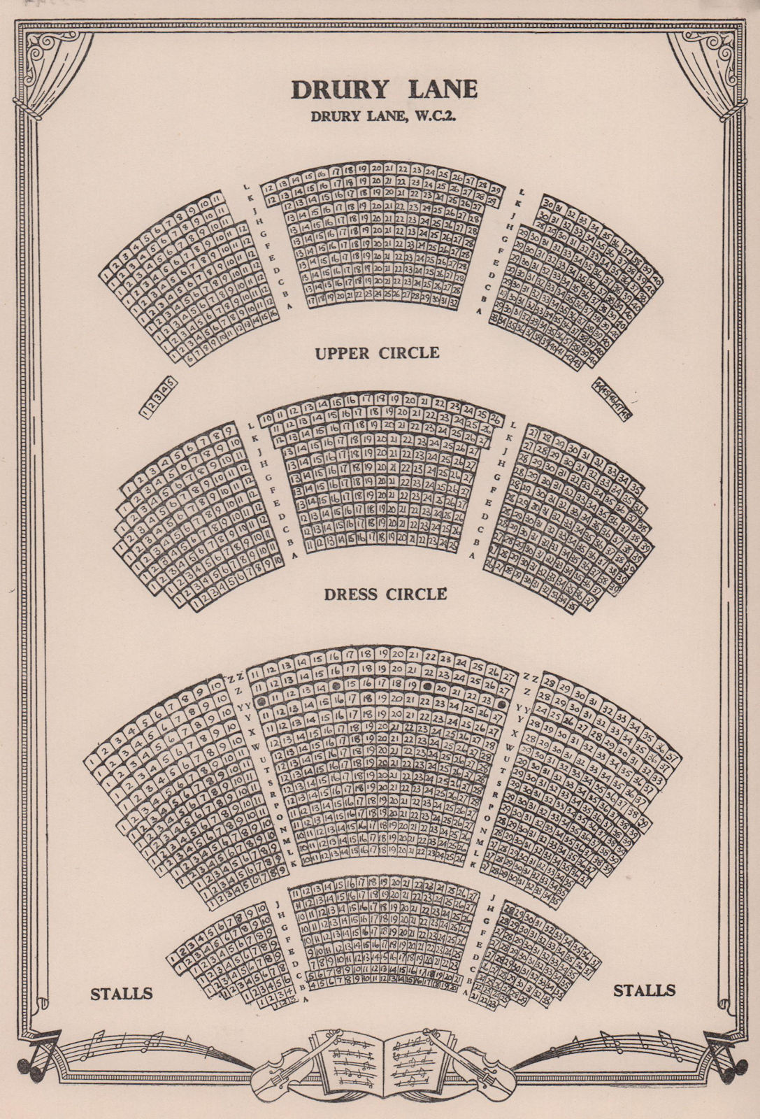 Drury Lane Theatre, Covent Garden, London. Vintage seating plan 1955 old print