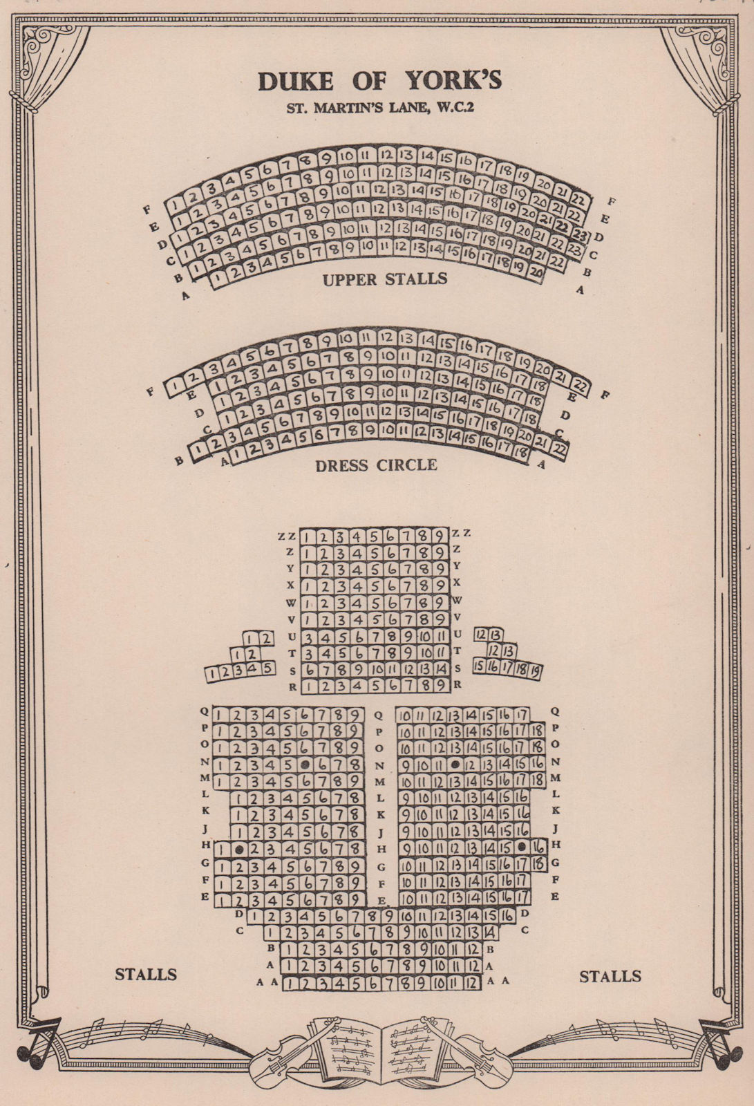 Duke of York's Theatre, St Martin's Lane, London. Vintage seating plan 1955