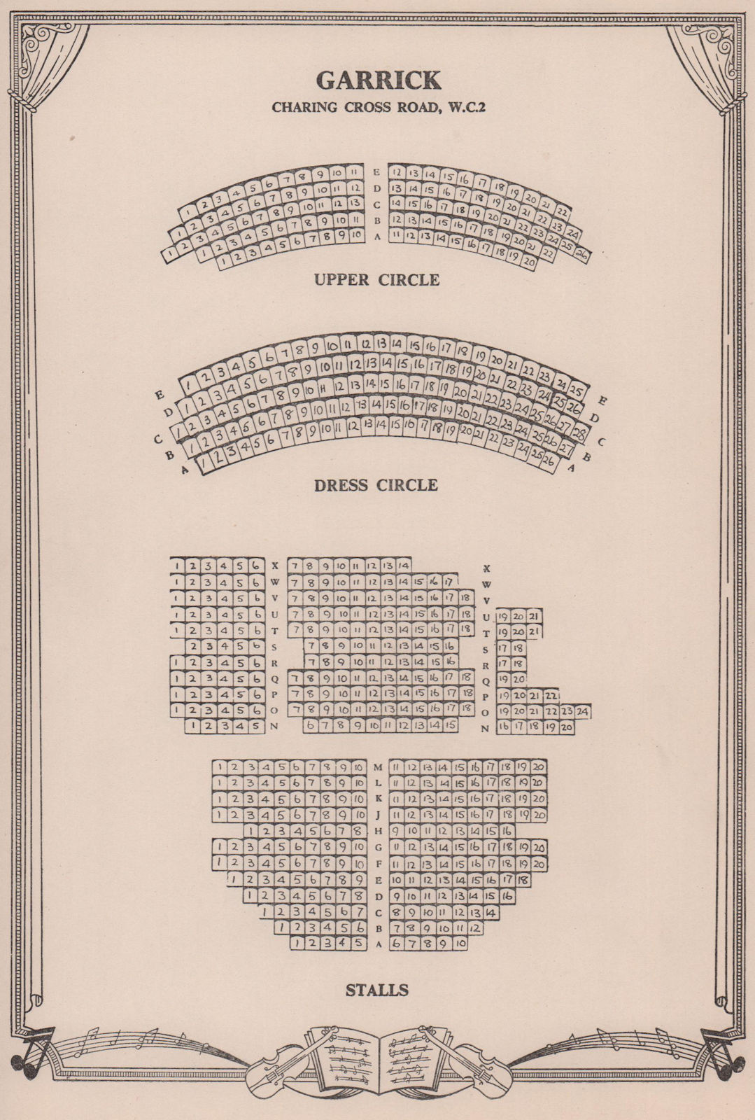 Garrick Theatre, Charing Cross Road, London. Vintage seating plan 1955 print