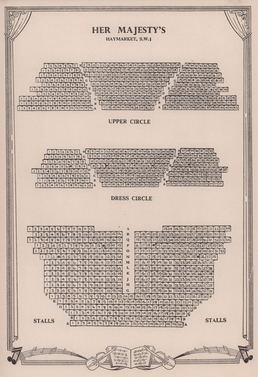 Her Majesty's Theatre, Haymarket, London. Vintage seating plan 1955 old print