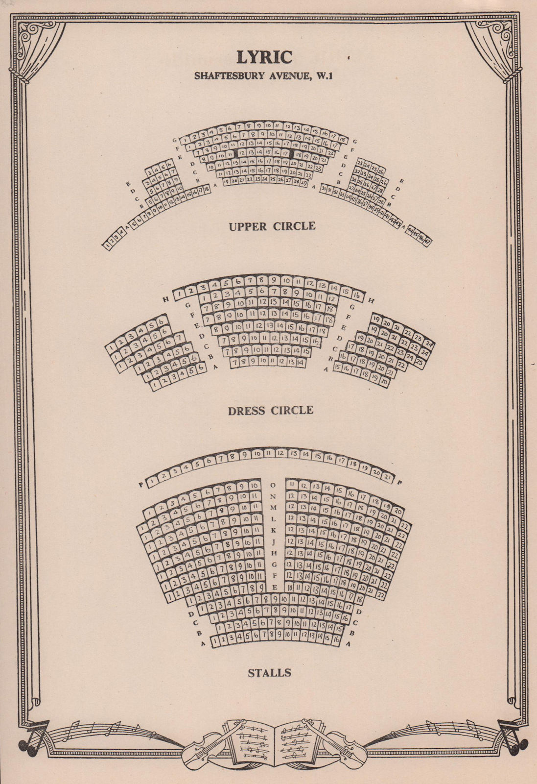 Lyric Theatre, Shaftesbury Avenue, London. Vintage seating plan 1955 old print