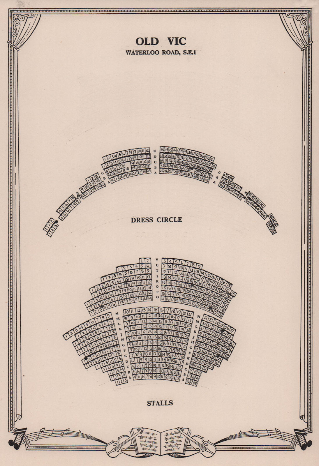 Old Vic Theatre, Waterloo Road, London. Vintage seating plan 1955 print