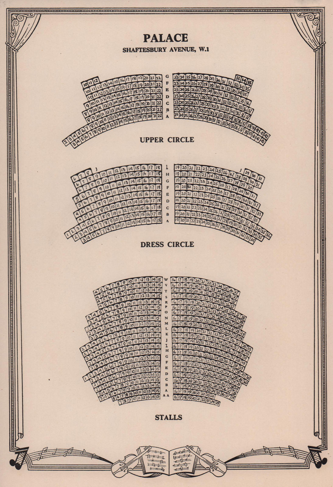 Palace Theatre, Shaftesbury Aveue, London. Vintage seating plan 1955 old print