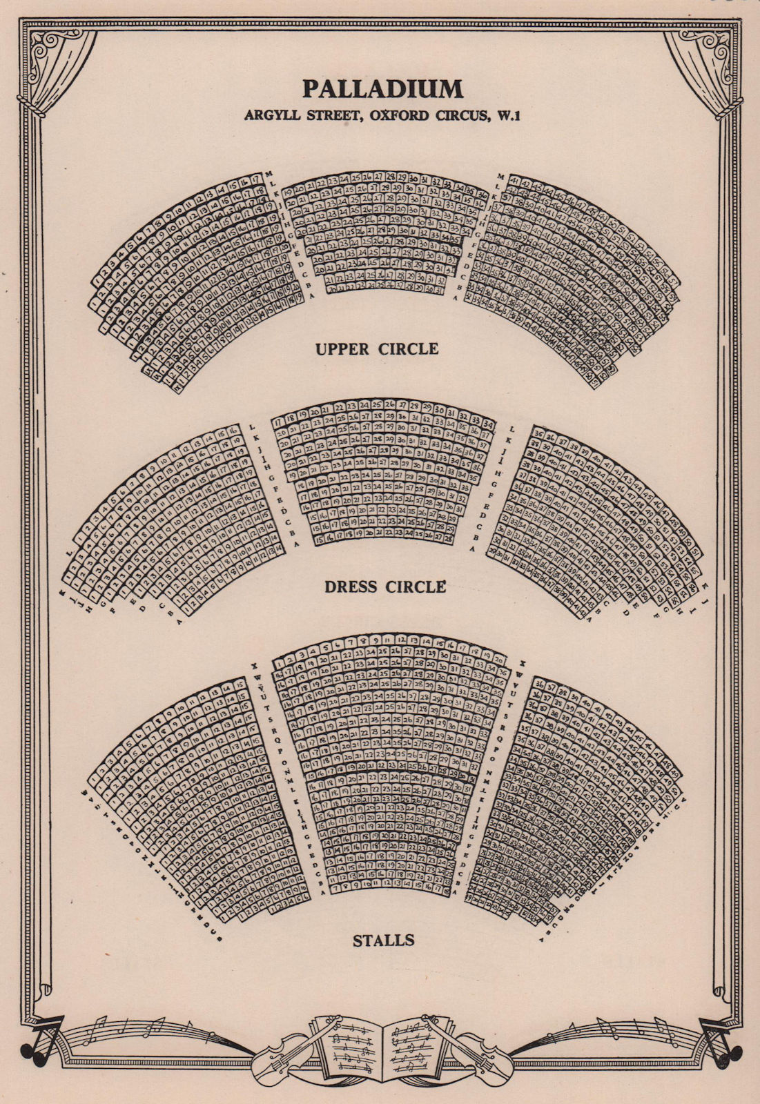 Palladium Theatre, Oxford Circus, London. Vintage seating plan 1955 old print