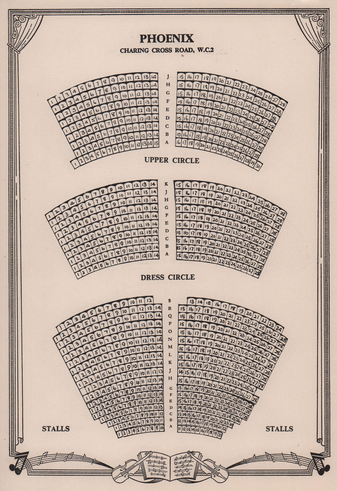 Phoenix Theatre, Charing Cross Road, London. Vintage seating plan 1955 print
