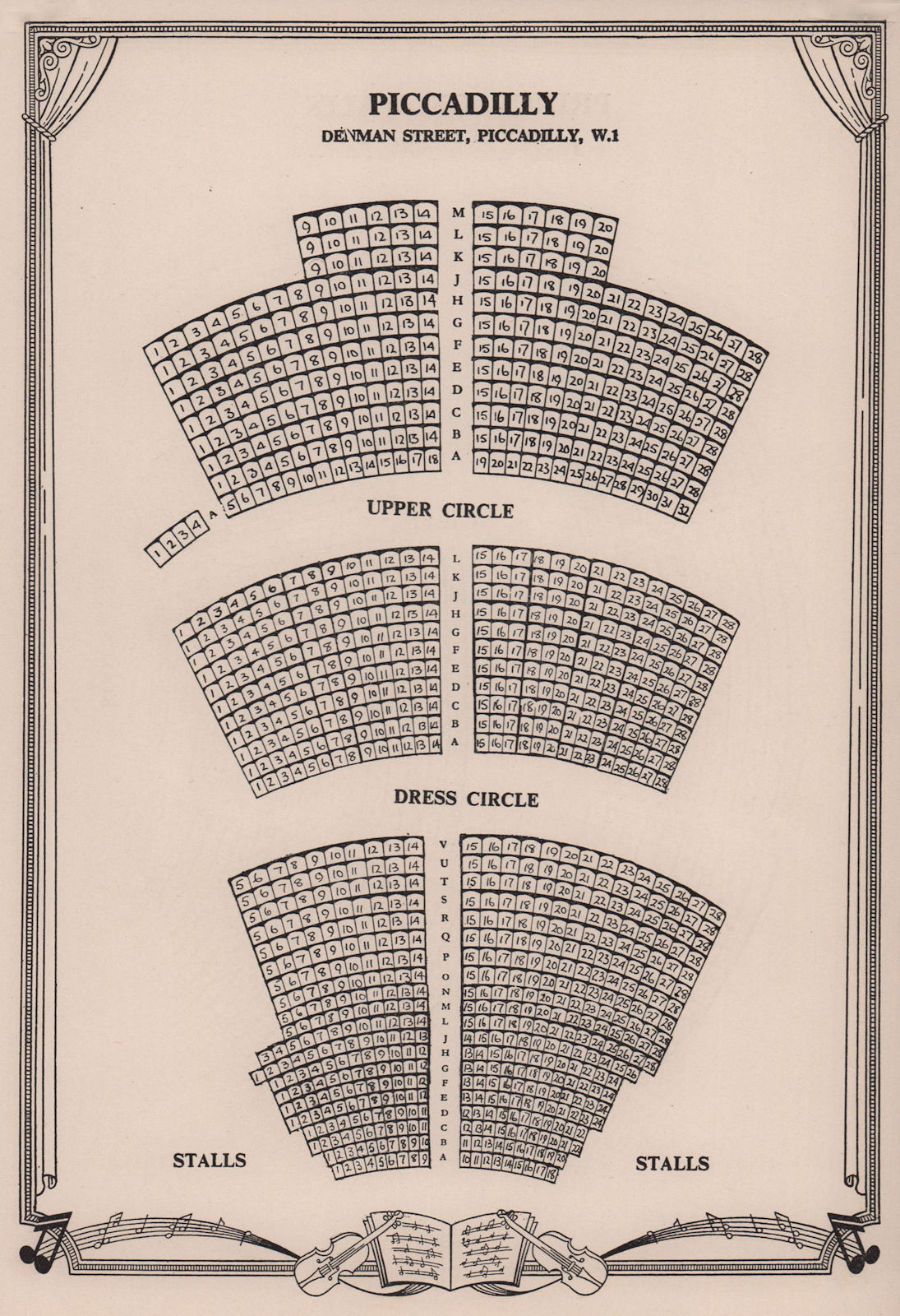 Piccadilly Theatre, Denman St, Picc. Circus, London. Vintage seating plan 1955