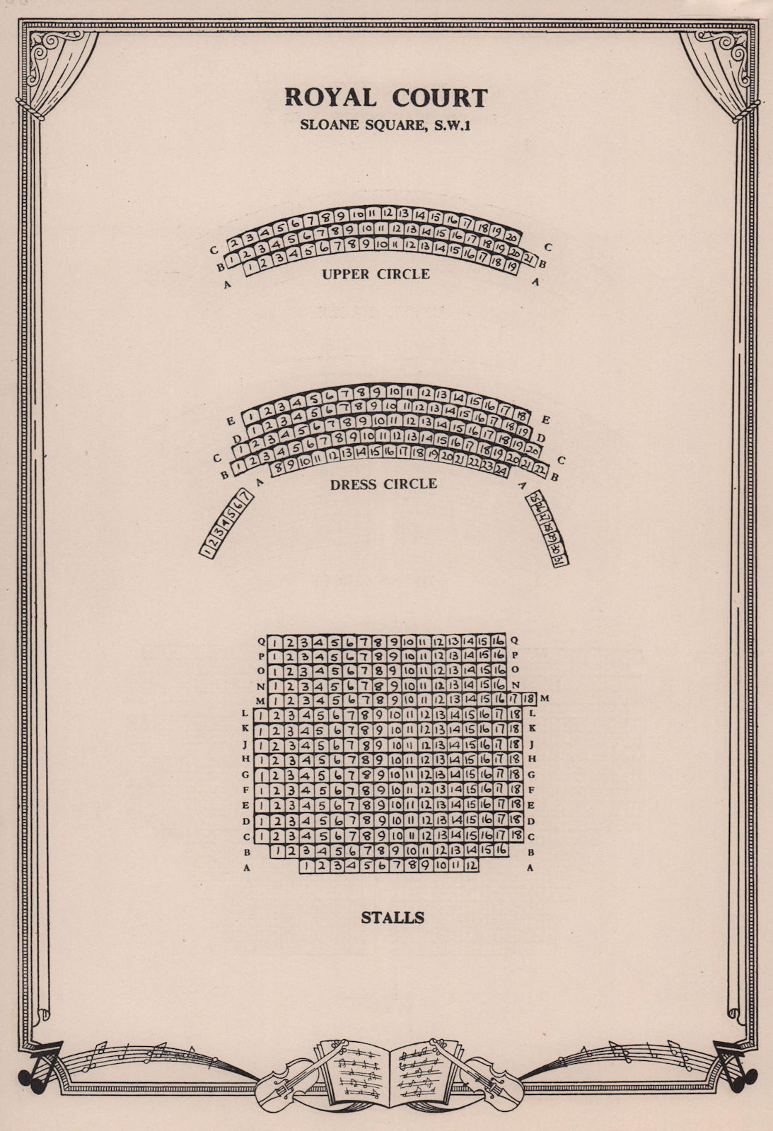 Royal Court Theatre, Sloane Square, London. Vintage seating plan 1955 print
