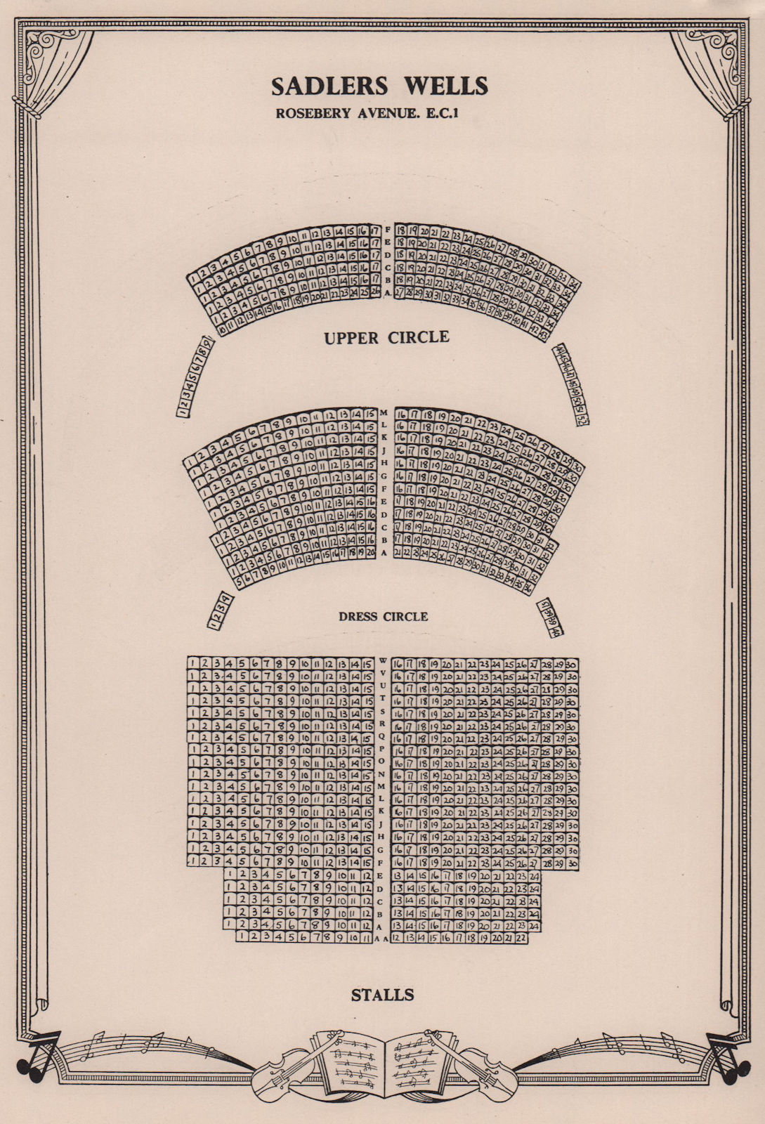 Sadlers Wells Theatre, Rosebery Avenue, London. Vintage seating plan 1955