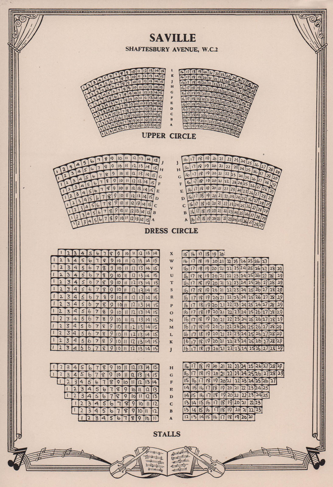 Saville Theatre, Shaftesbury Ave Odeon Covent Garden. Vintage seating plan 1955