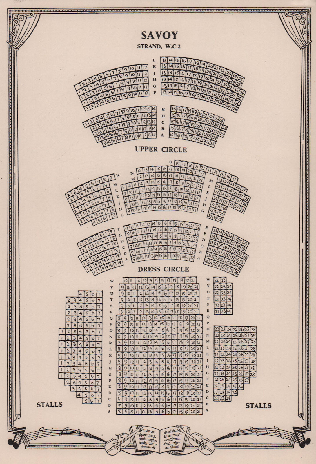 Savoy Theatre, Strand, London. Vintage seating plan 1955 old vintage print