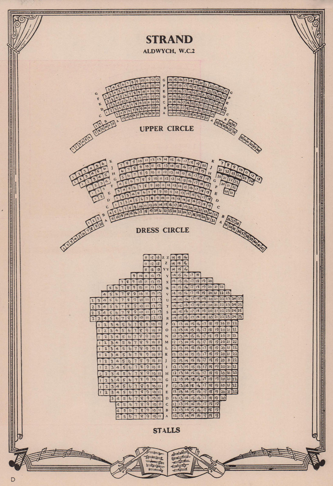 Strand (now Novello) Theatre, Aldwych, London. Vintage seating plan 1955 print