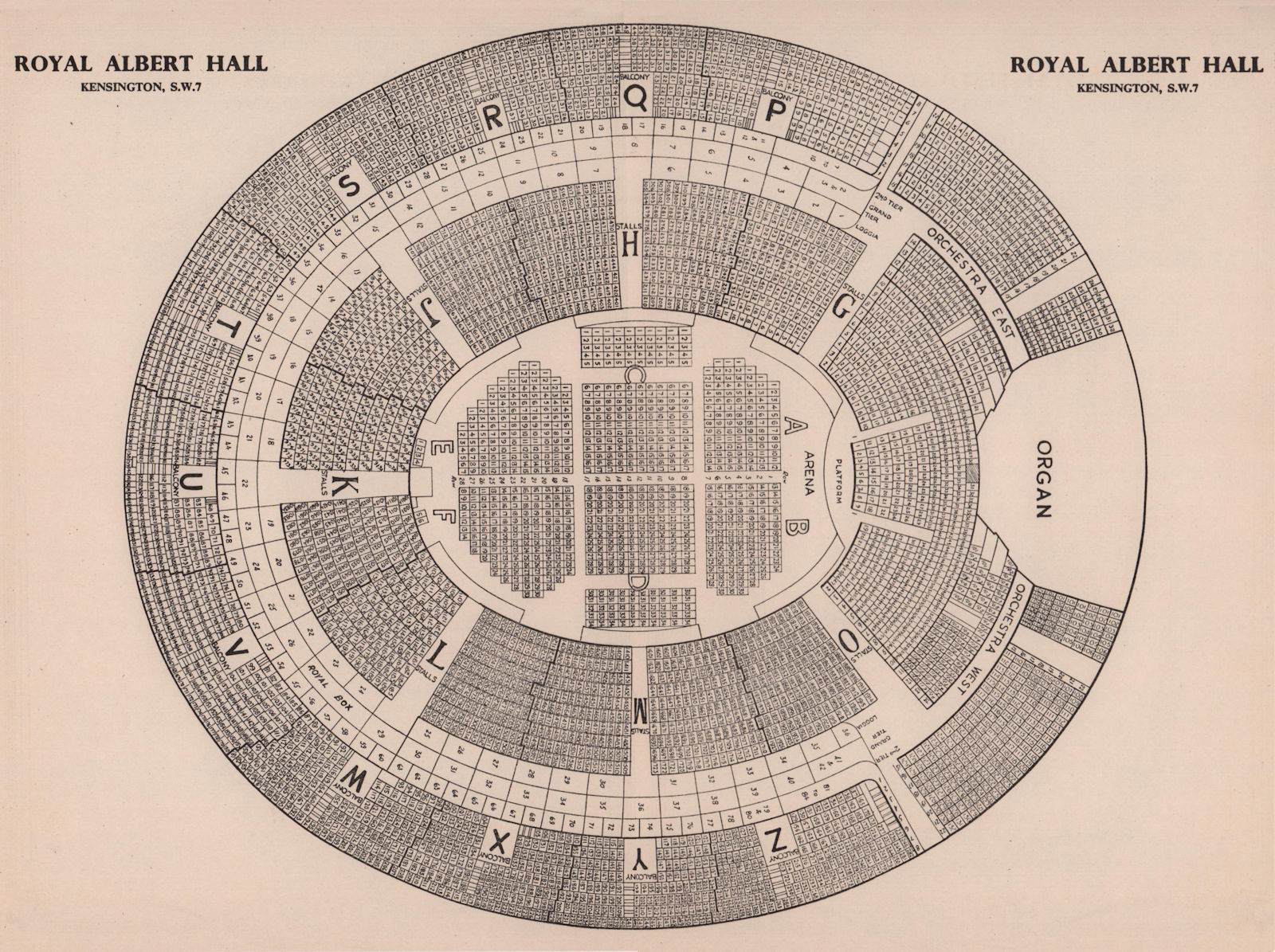 Associate Product Royal Albert Hall, Kensington, London. Vintage seating plan 1955 old print